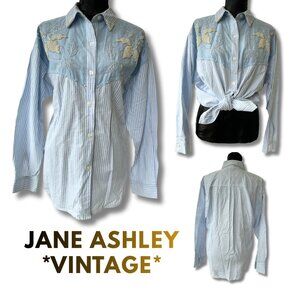 Jane Ashley Blue & White Striped Embroidered Button-Up with pearl beads. 1X